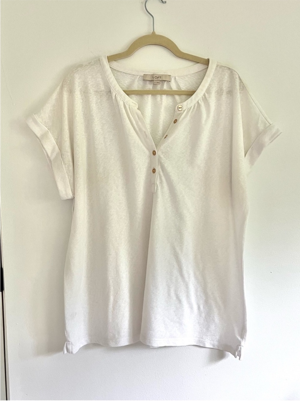 LOFT White Short Sleeve Cotton Henley Gold Button V-Neck Lightweight Summer Top